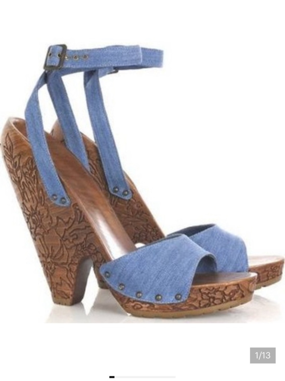 NWT $1,100 Stella McCartney Carved Denim Ankle-Strap Platform Sandals Size 38.5